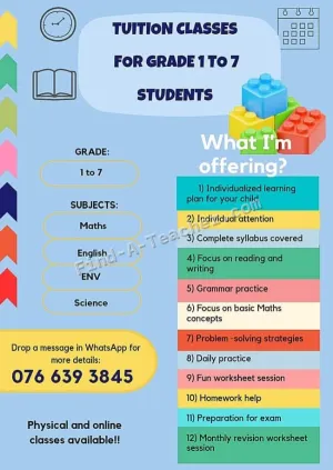 Maths, ENV, Science and English Classes - Grade 1 to 7